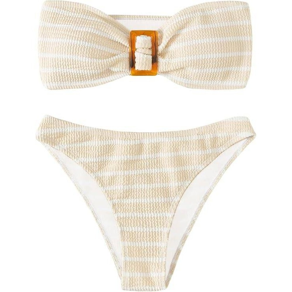GORGLITTER Women Strapless Bandeau High Waisted Striped Bikini Set Beige S NWOT